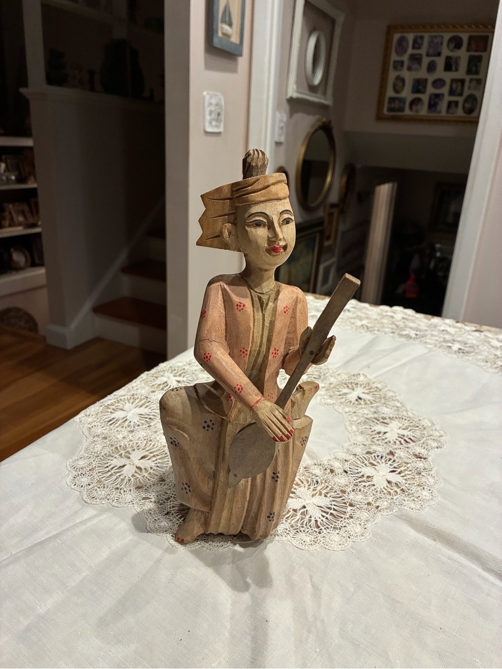 Vintage Hand-Carved Wooden Musician Statue - Natural Wood